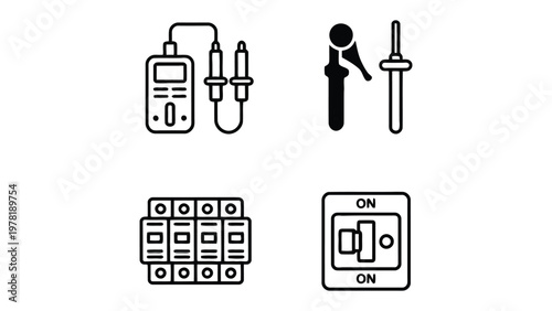 Electrical Tools and Components Icons: A collection of essential electrical tools and components, artfully depicted in a minimalist black and white icon style.