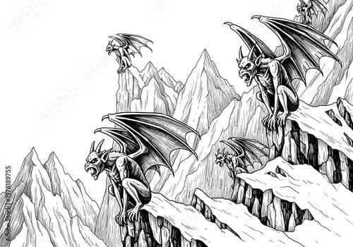 Intricate Hand-Drawn Gargoyles Perched on Jagged Mountain Peaks Illustration