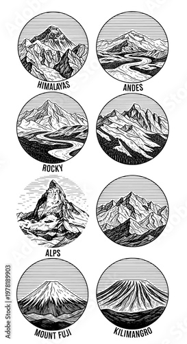 Eight Hand-Drawn Illustrations of Famous Global Mountain Ranges and Iconic Peaks