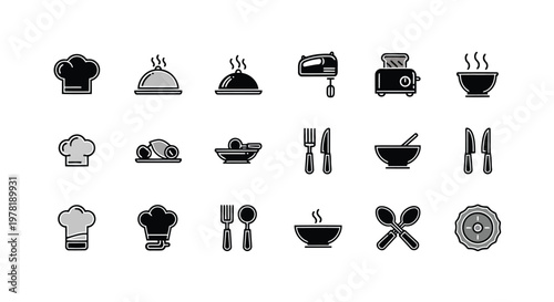 Collection of icons representing various culinary and kitchen-related symbols Vector