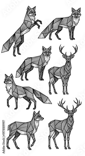 Collection of Stylized Geometric Foxes and Majestic Deer in Minimalist Line Art