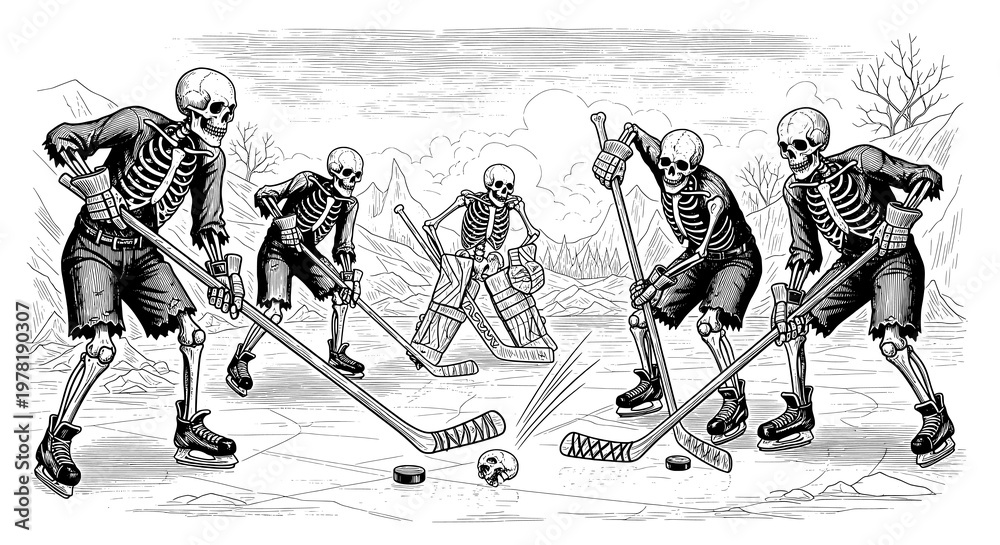Obraz premium Humorous Skeleton Ice Hockey Game with a Skull Puck on a Frozen Lake