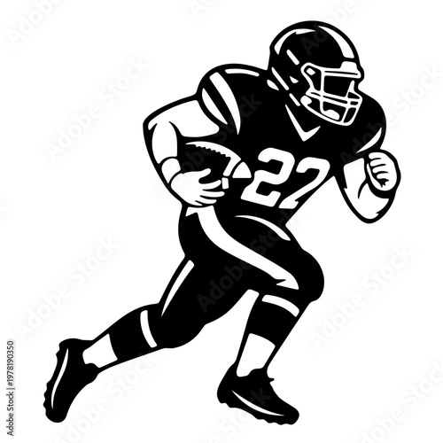 A black and white vector illustration of an American football player running with the ball