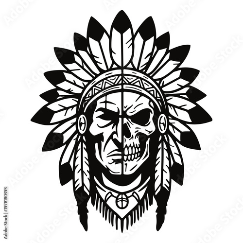 A black and white vector graphic illustration of a Native American skull wearing a headdress