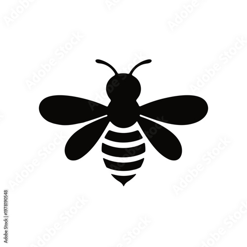 A black silhouette of a bee in flight on a white background