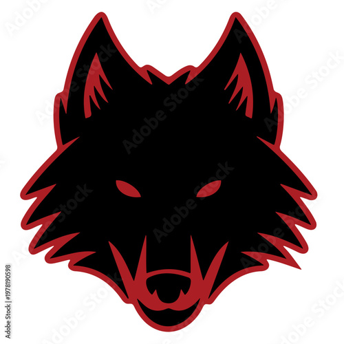 A bold and fierce wolf head logo with red eyes and sharp teeth in a modern flat design style