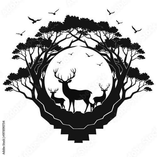 Deer, stag, and fawn forest silhouette, black vector icon, wildlife scene, nature landscape