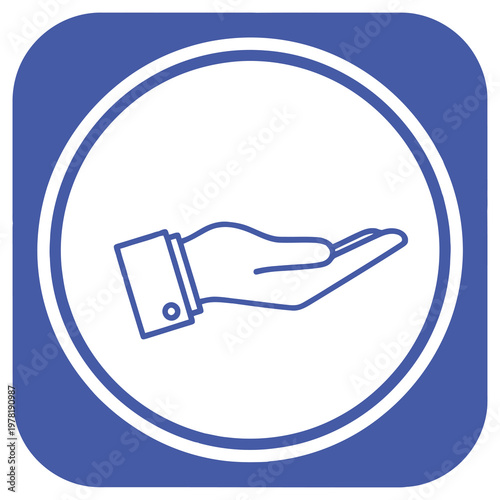 Hand with palm up gesture in blue and white icon