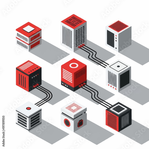 Abstract isometric network of connected server racks and computer hardware components.