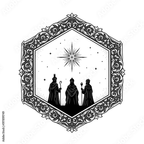 Three Wise Men Journeying Under the Star of Bethlehem in Ornate Frame
