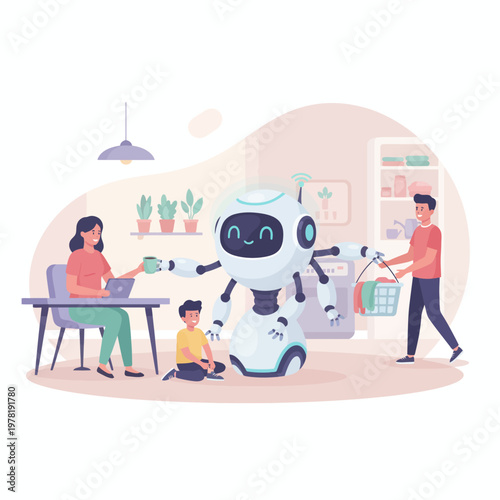 A vector icon sheet illustrating a futuristic family scene with a robot helping with chores, a vector sheet of icons for technology and lifestyle