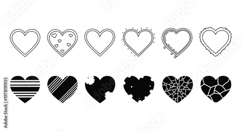 Varied artistic representations of hearts in different styles and conditions Vector