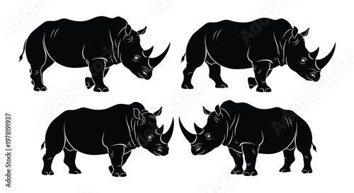 Four black rhinoceroses in different poses a monochrome illustration