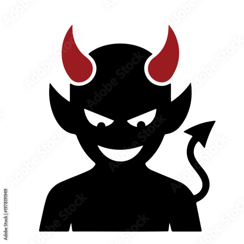 A minimalist vector graphic illustration of a devil character with red horns and a tail
