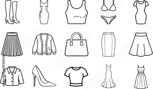 An illustrated display showcases various fashion essentials, with a minimalist aesthetic and a sleek black and white color palette.