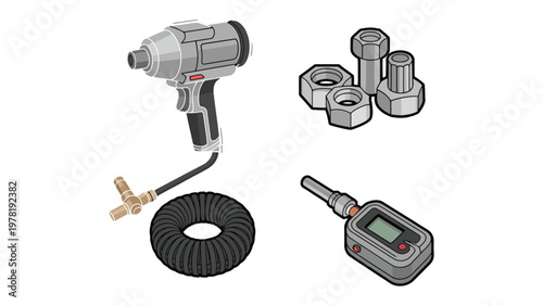 Mechanical Tool Set: A collection of essential mechanical tools, including an impact wrench, nuts, bolts, and a digital gauge, providing a comprehensive toolkit for various mechanical tasks.
