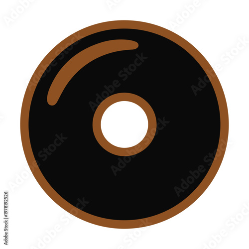 A minimalist vector graphic illustration of a black and brown donut with a hole in the center