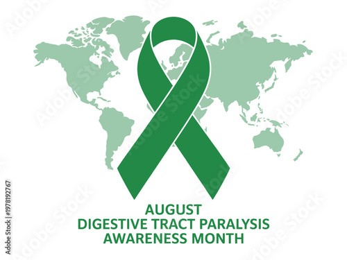 A green awareness ribbon on a world map for Digestive Tract Paralysis Awareness Month
