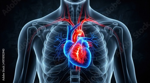 Detailed 3D anatomical illustration of the human heart and circulatory system