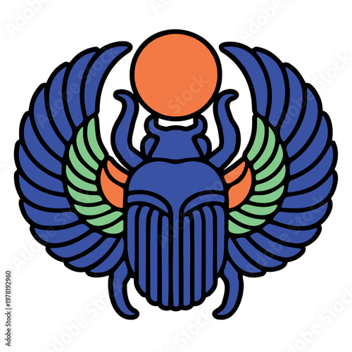 A colorful vector graphic of an ancient Egyptian scarab beetle with wings and a sun symbol