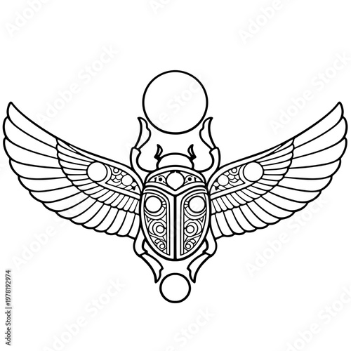 A minimalist vector graphic illustration of an ancient Egyptian scarab beetle with wings and solar disk