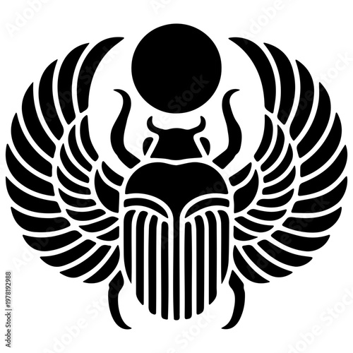 A black and white vector graphic of an ancient Egyptian scarab beetle with wings and a sun symbol