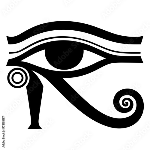 A minimalist vector graphic illustration of the ancient Egyptian Eye of Horus symbol in black and white
