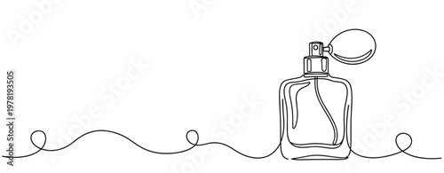 Perfume bottle drawn in continuous line on white background. no editable strokes