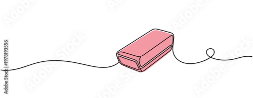 Pink eraser lying on continuous line white background. no editable strokes