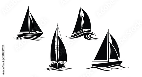 Four black and white illustrations of sailboats on a wavy sea