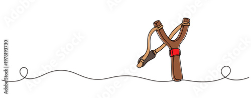 Wooden slingshot positioned in continuous line on white background. no editable strokes