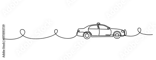 Police car driving along continuous line road with minimal style. no editable strokes