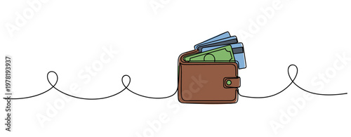 Wallet open showing cards and cash on simple line background. no editable strokes