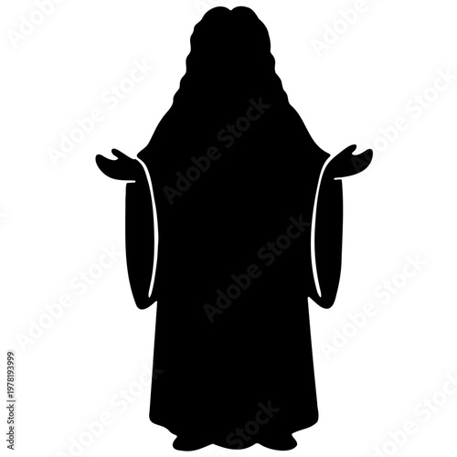 A black silhouette of a person wearing a robe with their hands outstretched in a gesture of prayer or supplication