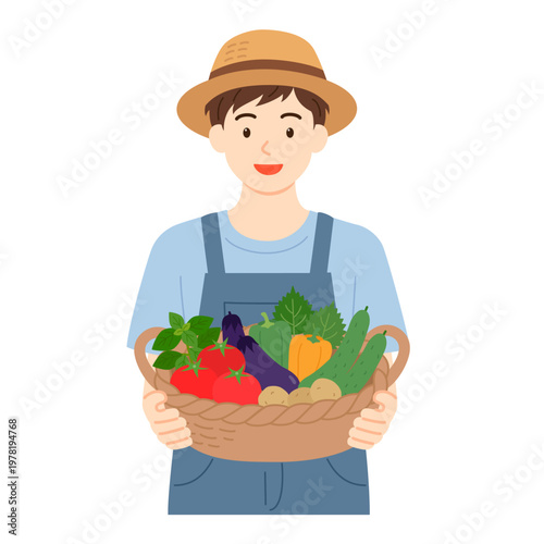 収穫したばかりの野菜をカゴに持つ男性のイラスト