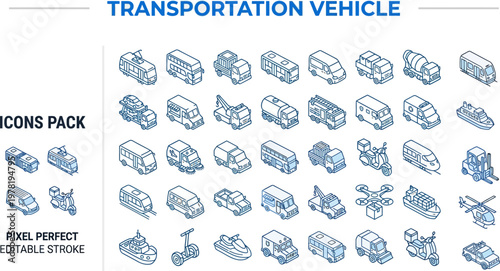 Transportation vehicles isometric logistics truck vector icon set