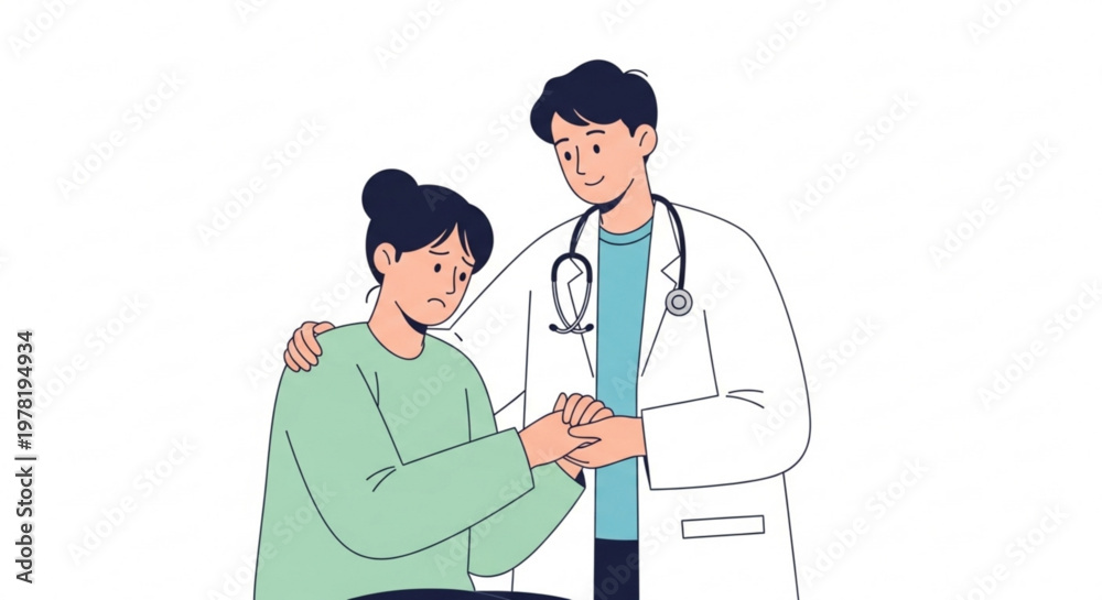 Fototapeta premium Doctor comforting a sad patient showing empathy and care vector illustration for healthcare and medical concepts