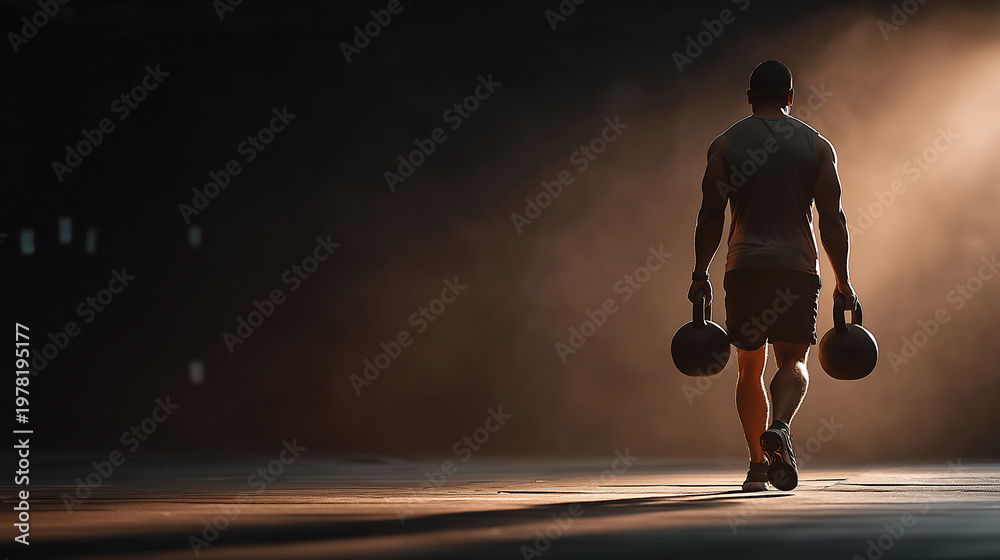Fototapeta premium HYROX Athlete Performing Farmer Carry with Heavy Kettlebells Indoors.