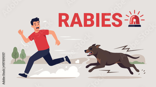 Rabies Warning Illustration of Man Running from Aggressive Dog Attack