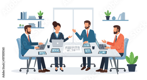 A group of professional business people are having a productive meeting around a white conference table in a modern office environment.