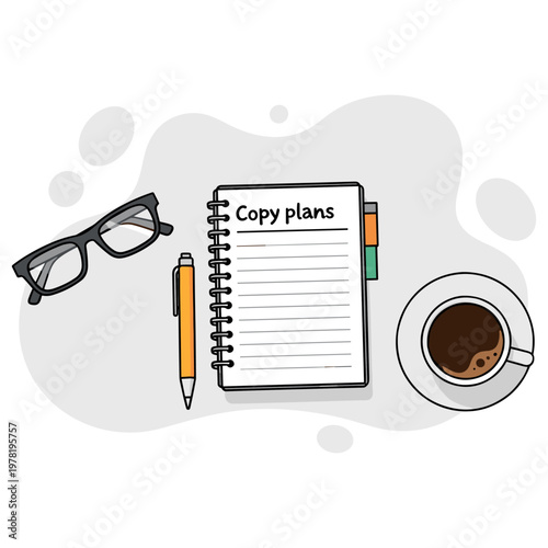 Notebook with copy plans beside glasses pen and coffee cup. non editable strokes