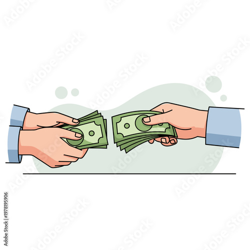 Hands exchanging cash between two people on white background. non editable strokes