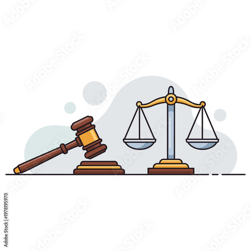 Gavel and scales symbolizing justice on pale abstract background. non editable strokes