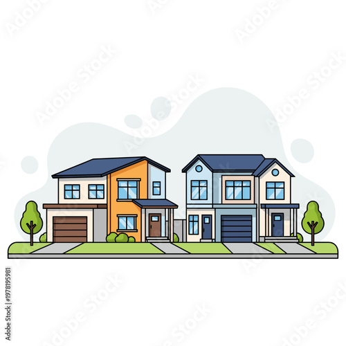 Suburban houses standing side by side on residential street. non editable strokes