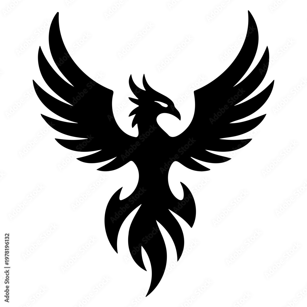 Fototapeta premium A black silhouette of a mythical phoenix bird with outstretched wings on a white background