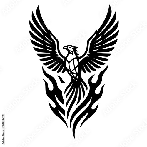 A black and white vector graphic illustration of a phoenix bird rising from flames