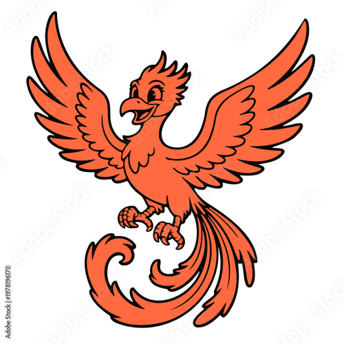 Photography A vibrant orange phoenix bird in mid-flight with outstretched wings and a long c