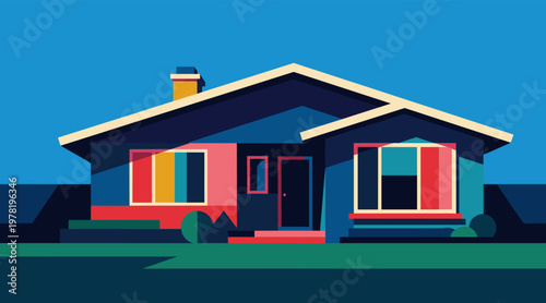 Single story house exterior on suburban lawn under blue sky