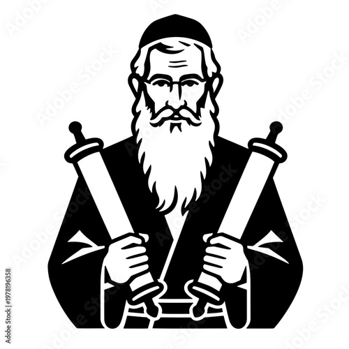 A minimalist vector illustration of Moses holding the Torah scrolls in a simple black and white design