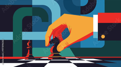 Hand moving chess knight across checkered game board